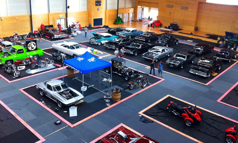Birds eye view of classic car exhibition set up inside at Trustpower Arena