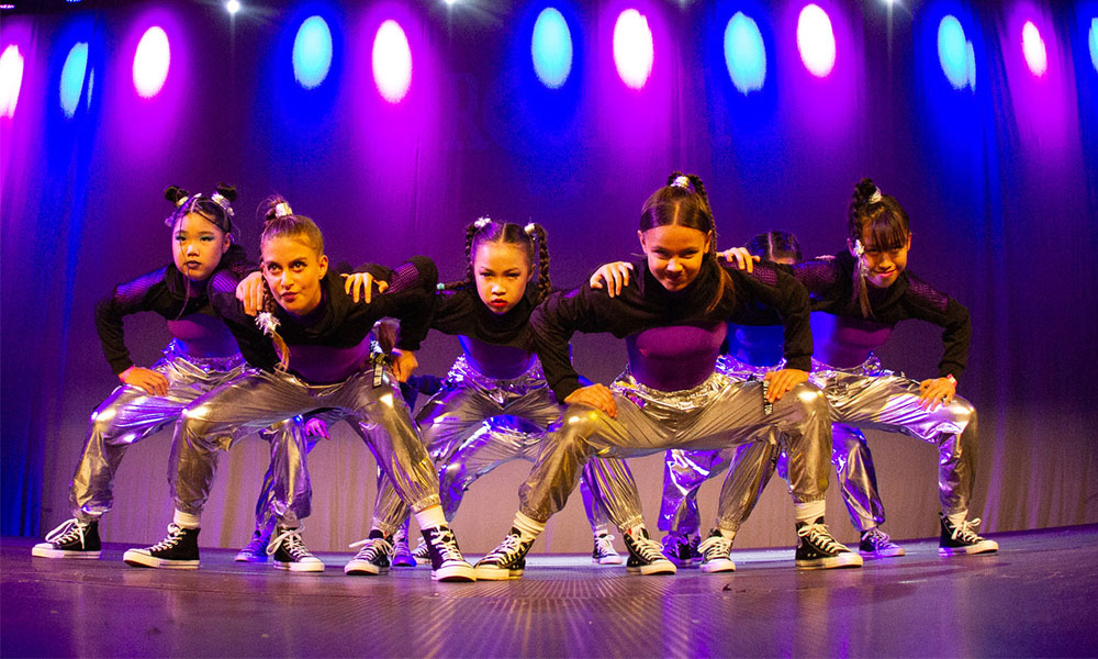 Group of young girls in hip hop v formation 